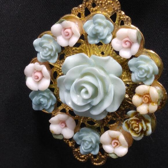 Vintage Floral Filigree Gold Post Dangle Earrings, Pink Blue Flowers, 3 Inches - Picture 6 of 12